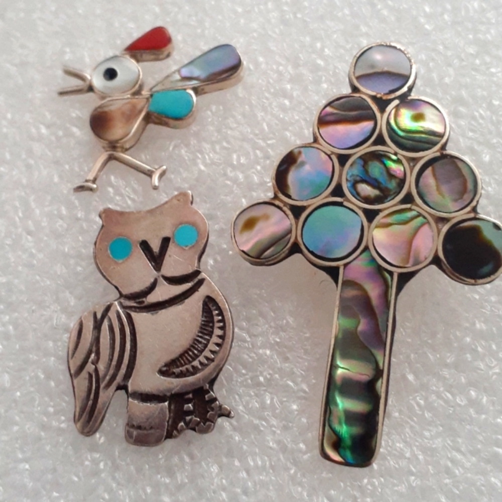 Sterling Abalone Alpaca Mexico brooches/pin lot of 3